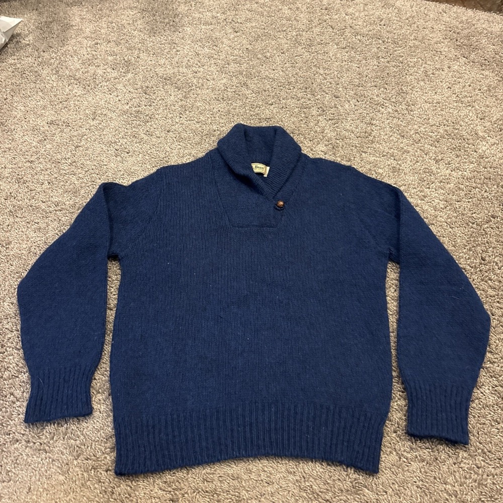 Vintage 80s LL Bean Shawl Collar Women Wool Sweater Blue Size M Fisherman USA